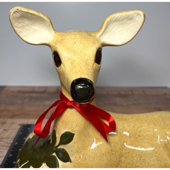 Vintage Ceramic Fawn Figurine With Red Ribbon & Leaf Design  12.5" Length Large - Picture 2 of 6